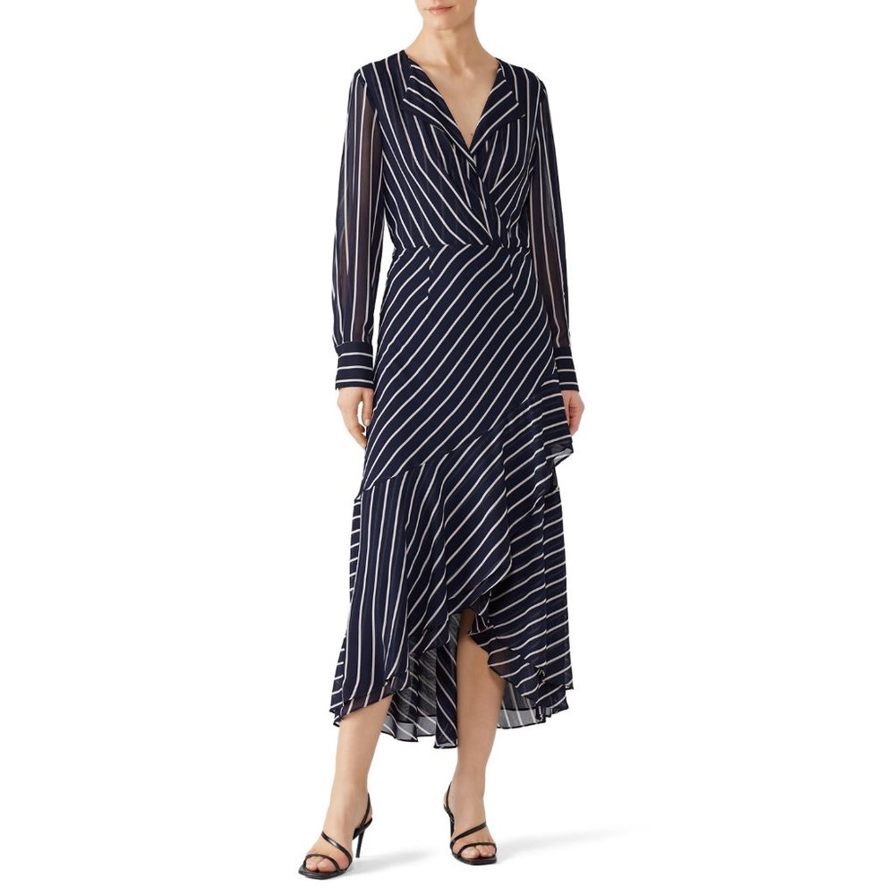 Rachel Roy Collection Navy Blue White Striped Long Sleeve Midi Length Dress Sz 6